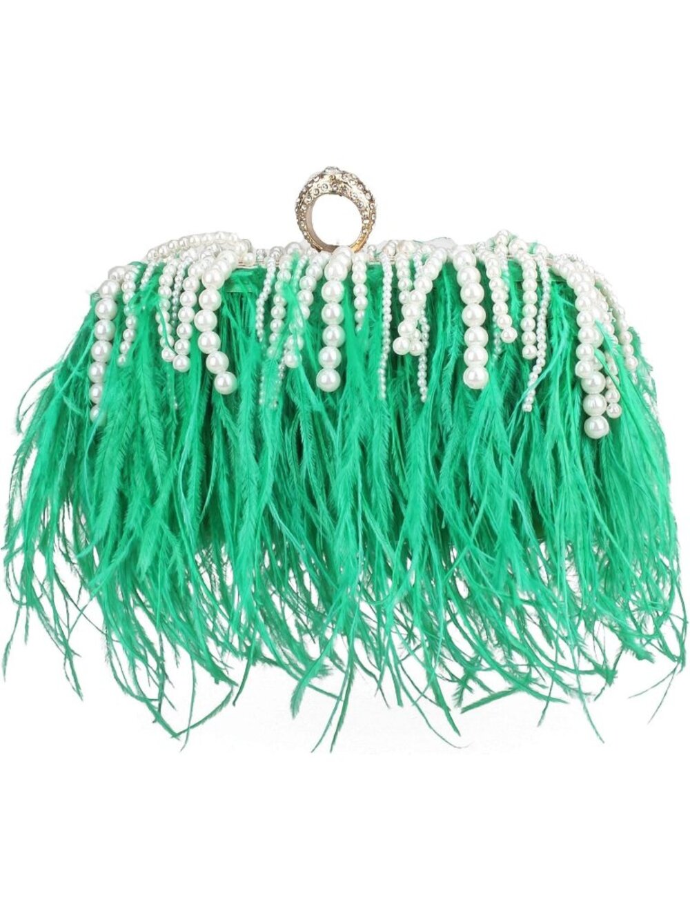 Women's Green Pearl Natural Ostrich Feather Vintage Banquet Purse Evening Bag